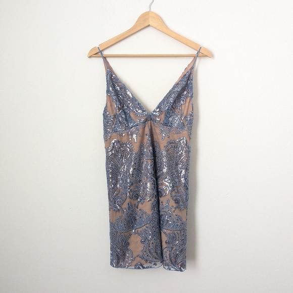 Free People Powder Blue Sequin Lace Floral Night Shimmers Slip Mini Dress - Picture 2 of 6